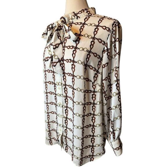 Talbots 2X Petite Crepe Tie Neck Blouse Chain Print Equestrian Long Sleeve - Picture 3 of 12